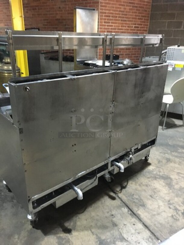 AMAZING! Frymaster Commercial Natural Gas Powered 4 Bay Deep Fat Fryers! With Backsplash! With 8 Metal Frying Baskets! With Grease Filter! All Stainless Steel! Model FPPH455SC Serial 1301IF0051! 110/120V 1Phase! On Commercial Casters! - Image 3 of 12