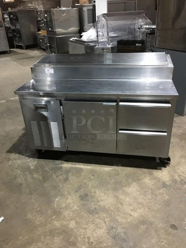 Marsal Commercial Refrigerated Pizza Prep Table! With Single Door Storage Space! With 2 Drawers Underneath! All Stainless Steel! Model BM64 Serial 1319! 115V! On Commercial Casters!