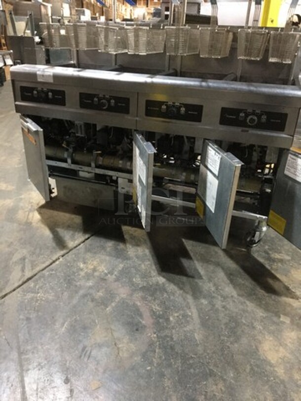 AMAZING! Frymaster Commercial Natural Gas Powered 4 Bay Deep Fat Fryers! With Backsplash! With 8 Metal Frying Baskets! With Grease Filter! All Stainless Steel! Model FPPH455SC Serial 1301IF0051! 110/120V 1Phase! On Commercial Casters! - Image 7 of 12
