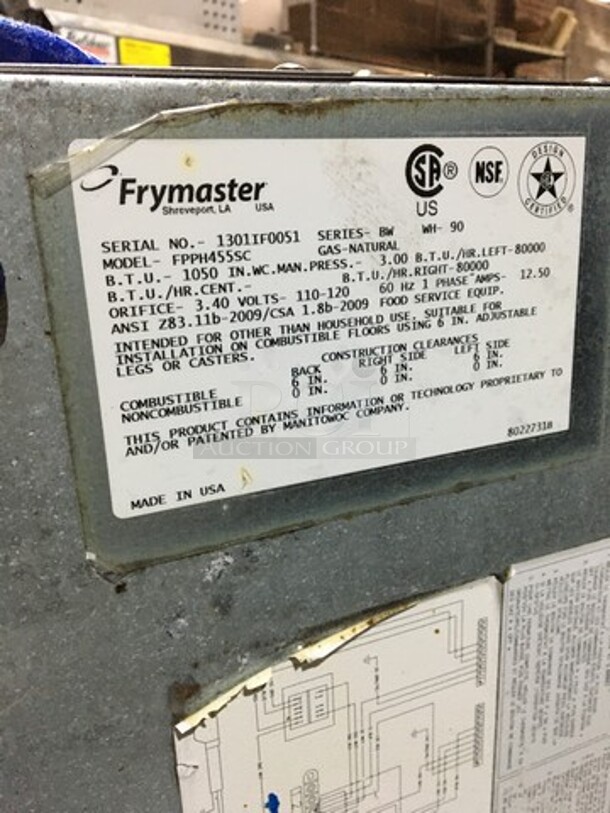 AMAZING! Frymaster Commercial Natural Gas Powered 4 Bay Deep Fat Fryers! With Backsplash! With 8 Metal Frying Baskets! With Grease Filter! All Stainless Steel! Model FPPH455SC Serial 1301IF0051! 110/120V 1Phase! On Commercial Casters! - Image 10 of 12