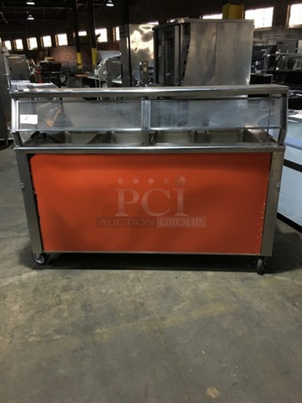 Precision Commercial 4 Well Steam Table! With Underneath Storage Space! With Sneeze Guard! All Stainless Steel Body! Model SST2004UDNYC! 120V 1Phase! On Commercial Casters!
