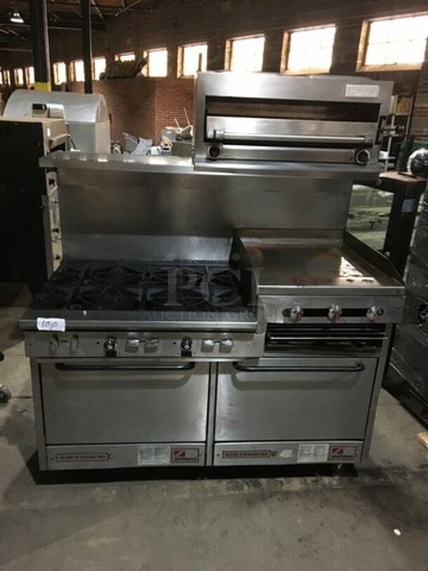 Southbend Commercial Natural Gas Powered 6 Burner Stove! With Right Side Flat Griddle/Cheese Melter Combo! With Backsplash & Overhead Garland Salamander! With 2 Full Size Ovens Underneath! All Stainless Steel! On Commercial Casters!