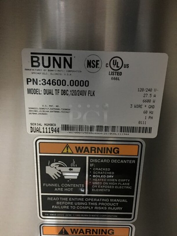 Bunn Commercial Countertop Dual Coffee Brewing Machine! With Hot Water Dispenser! All Stainless Steel Body! Model DUALTFDBC Serial DUAL111944! 120/240V 1Phase! On Legs! - Image 8 of 9