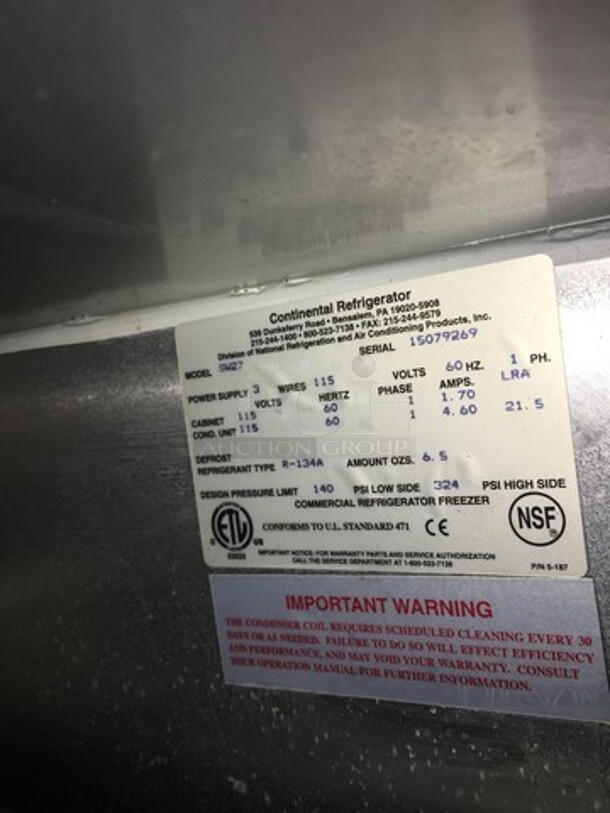 Continental Commercial Refrigerated Lowboy Cooler! With 2 Drawers Underneath! All Stainless Steel! Model SW27 Serial 15079269! 115V 1 Phase! No Compressor/Remote Compressor! - Image 7 of 8