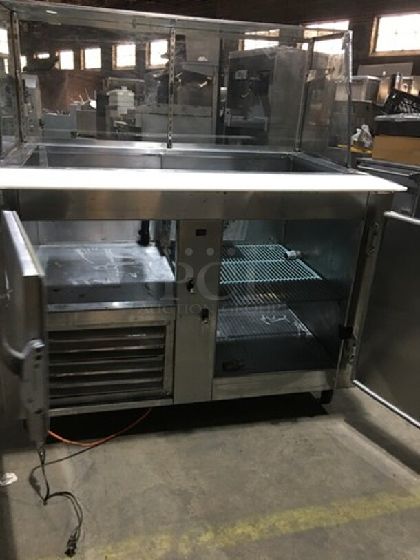 GZG Commercial Refrigerated Sandwich Prep Table! With Sneeze Guard! With Commercial Cutting Board! With 2 Door Underneath Storage Space! All Stainless Steel! Model SC48BM! 115V! On Legs! - Image 6 of 12