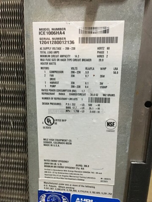 Ice-O-Matic Commercial 1000LBS Ice Making Machine! On Ice Bin! Model ICE1006HA4 Serial 12041280012136! 208/230V 1Phase! On Legs! 2 X Your Bid! Makes One Unit! - Image 5 of 8