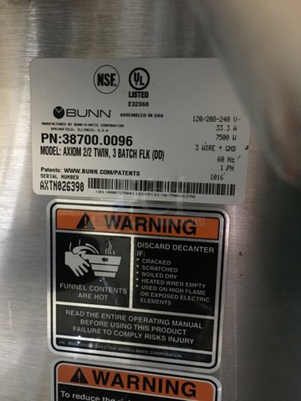 Bunn Commercial Countertop Dual Coffee Brewing Machine! Axiom Series! With 4 Coffee Pot Warming Stations! All Stainless Steel! Model AXIOM2/2TWIN Serial AXTN026390! 120/208/240V! 1Phase! On Legs! - Image 8 of 10