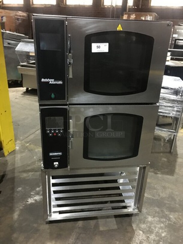 Belshaw Adamatic Commercial Electric Powered Dual Combi Oven! With View Through Doors! With Pan Racks Underneath! All Stainless Steel! Model FG189UZ84 Serial 2000003710FA032620! 2 X Your Bid! Makes One Unit! On Casters!