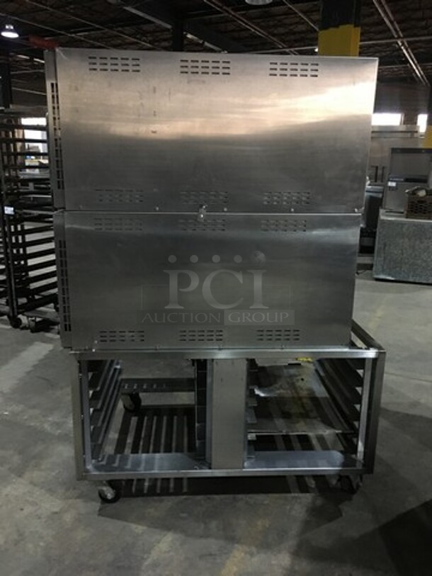 Belshaw Adamatic Commercial Electric Powered Dual Combi Oven! With View Through Doors! With Pan Racks Underneath! All Stainless Steel! Model FG189UZ84 Serial 2000003710FA032620! 2 X Your Bid! Makes One Unit! On Casters! - Image 2 of 12