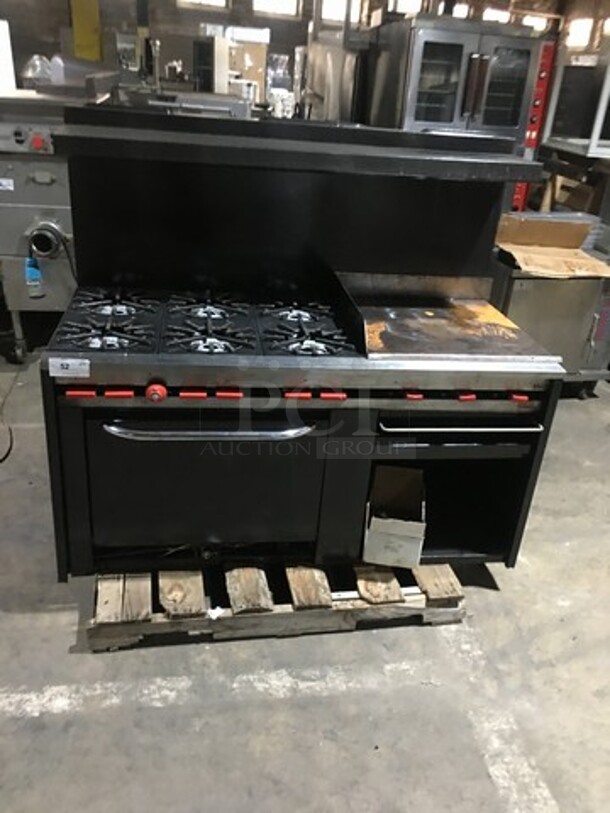 Commercial Natural Gas Powered 6 Burner Stove! With Right Side Flat Griddle! With Raised Backsplash & Salamander Shelf! With Full Size Oven & Storage Space Underneath! 