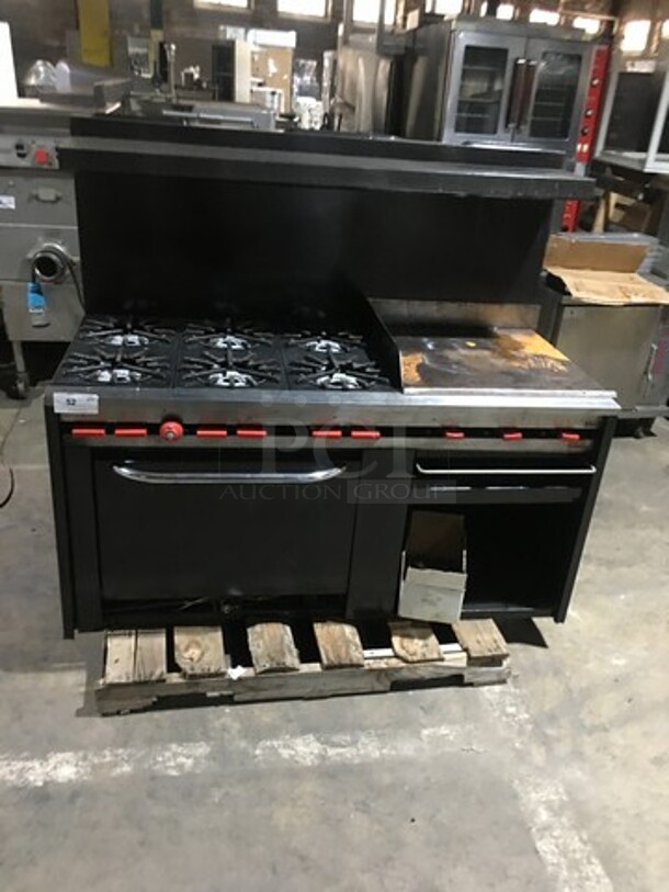 Commercial Natural Gas Powered 6 Burner Stove! With Right Side Flat Griddle! With Raised Backsplash & Salamander Shelf! With Full Size Oven & Storage Space Underneath!  - Image 1 of 12