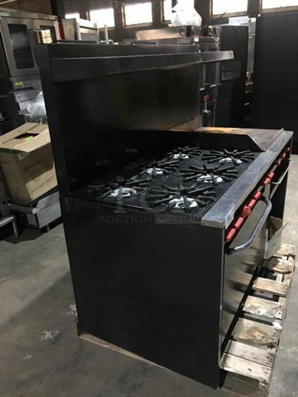 Commercial Natural Gas Powered 6 Burner Stove! With Right Side Flat Griddle! With Raised Backsplash & Salamander Shelf! With Full Size Oven & Storage Space Underneath!  - Image 2 of 12