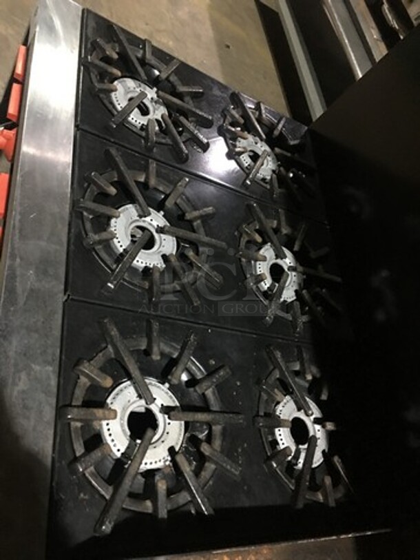 Commercial Natural Gas Powered 6 Burner Stove! With Right Side Flat Griddle! With Raised Backsplash & Salamander Shelf! With Full Size Oven & Storage Space Underneath!  - Image 5 of 12