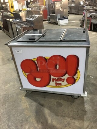 LATE MODEL! All Stainless Steel Commercial Ice Cream Push Cart! With 4 Flip Top Doors! Serial 15856! On Casters! Working! 