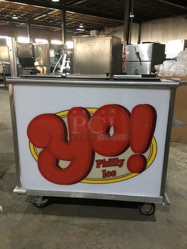 LATE MODEL! All Stainless Steel Commercial Ice Cream Push Cart! With 4 Flip Top Doors! Serial 15856! On Casters! Working!  - Image 4 of 10