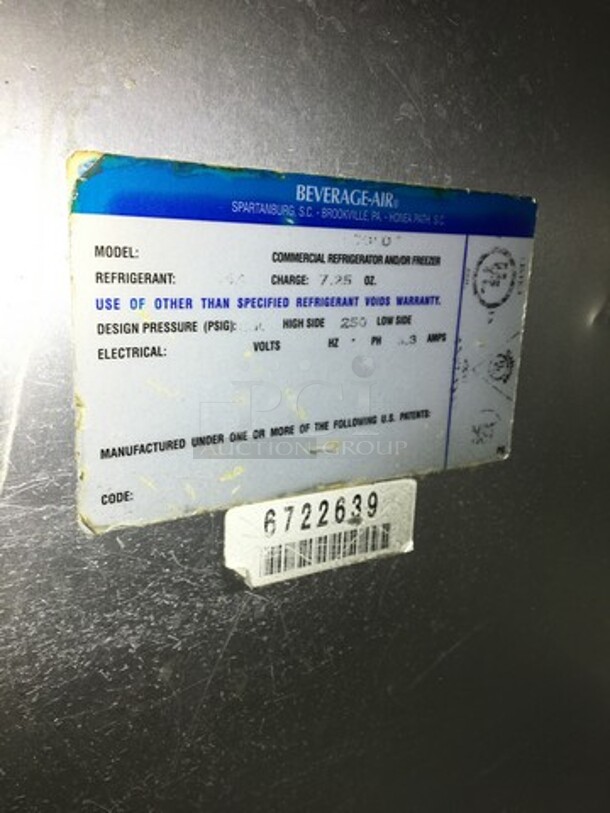 Beverage Air Commercial Refrigerated 2 Door Lowboy/Worktop! All Stainless Steel! Serial 6722639! On Casters! - Image 7 of 8