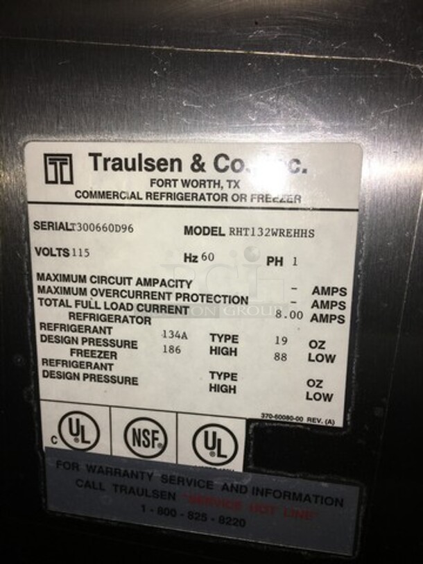 Traulsen Commercial Reach In Refrigerator! With 2 Half Doors! All Stainless Steel! Model RHT132WREHHS Serial T300660D96! 115V 1Phase! On Casters! - Image 6 of 8