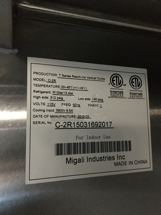 Migali Commercial Reach In 2 Door Refrigerator! With Poly Coated Racks! All Stainless Steel! Model C2R Serial C2R15031692017! 115V 1Phase! On Casters! - Image 8 of 10