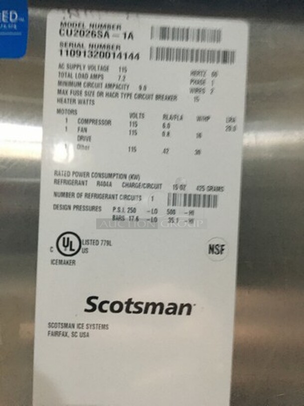 Scotsman Commercial Under The Counter Ice Machine! All Stainless Steel Body! Model CU2026SA1A Serial 11091320014144! 115V 1Phase! - Image 7 of 8
