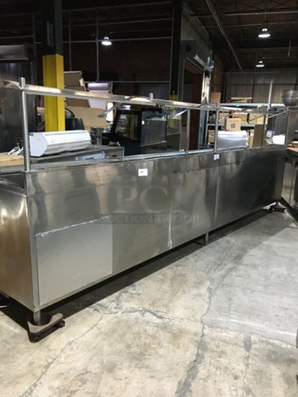WOW! All Stainless Steel Refrigerated 12 Pan Buffet Style Serving Table! With 5 Door Underneath Storage Space! On Legs! With Sneeze Guard! Remote Compressor/No Compressor!