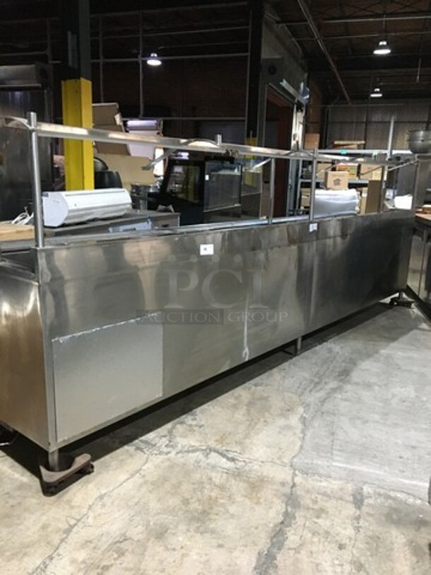 WOW! All Stainless Steel Refrigerated 12 Pan Buffet Style Serving Table! With 5 Door Underneath Storage Space! On Legs! With Sneeze Guard! Remote Compressor/No Compressor! - Image 1 of 10