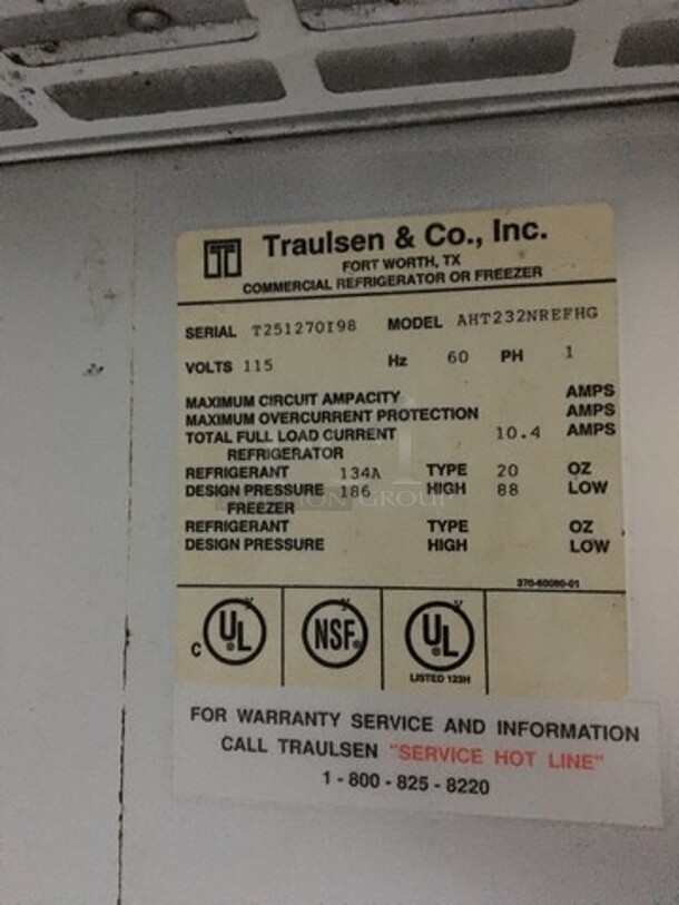 Traulsen Commercial Reach In 2 Door Cooler Merchandiser! All Stainless Steel Body! With Poly Coated Racks! Model AHT232NREFHG Serial T251270I98! 115V 1Phase! On Casters! - Image 7 of 9
