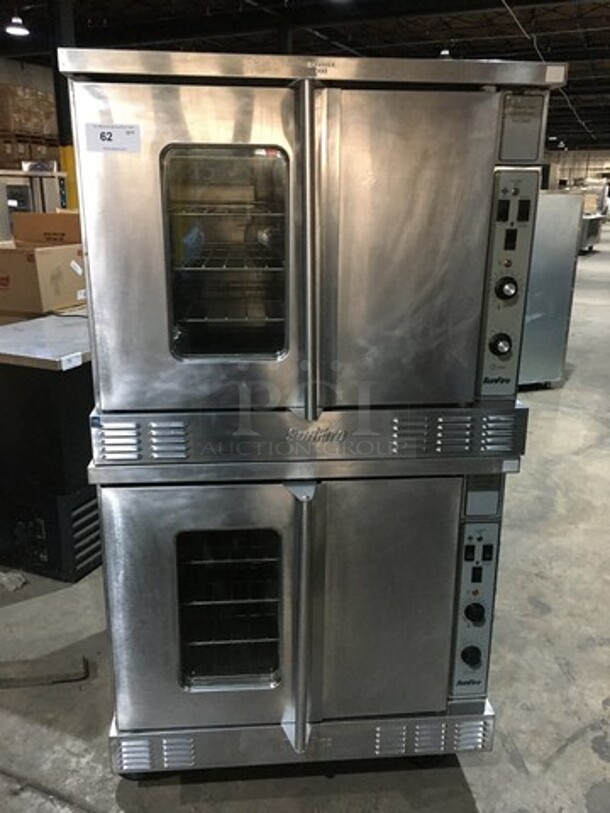 GREAT! Sunfire Double Stacked Natural Gas Powered Convection Ovens! All S.S! With One View Through Door & One Solid Door! Model SCOGS10S Serial 1209230000723! On Commercial Casters! 2 X Your Bid! Makes One Unit!