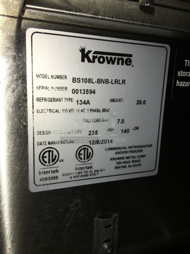 Krowne Commercial 4 Door Bar Back Cooler! All Stainless Steel Body! Model BS108LBNBLRLR Serial 0013594! 115V 1Phase! - Image 8 of 10