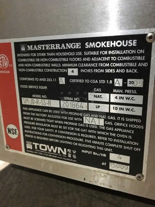 FABULOUS! Town Commercial Natural Gas Powered Smoker! All Stainless Steel Body! Model SM30RSSN Serial 201864! - Image 7 of 8
