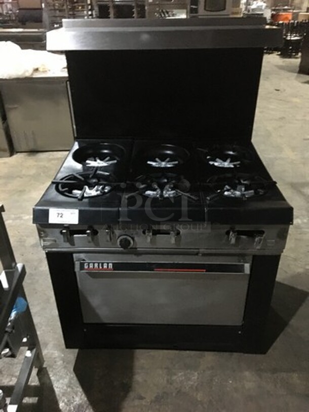 Garland Commercial Natural Gas Powered 6 Burner Stove! With Underneath Full Size Oven! With Overhead Salamander Shelf! On Legs!