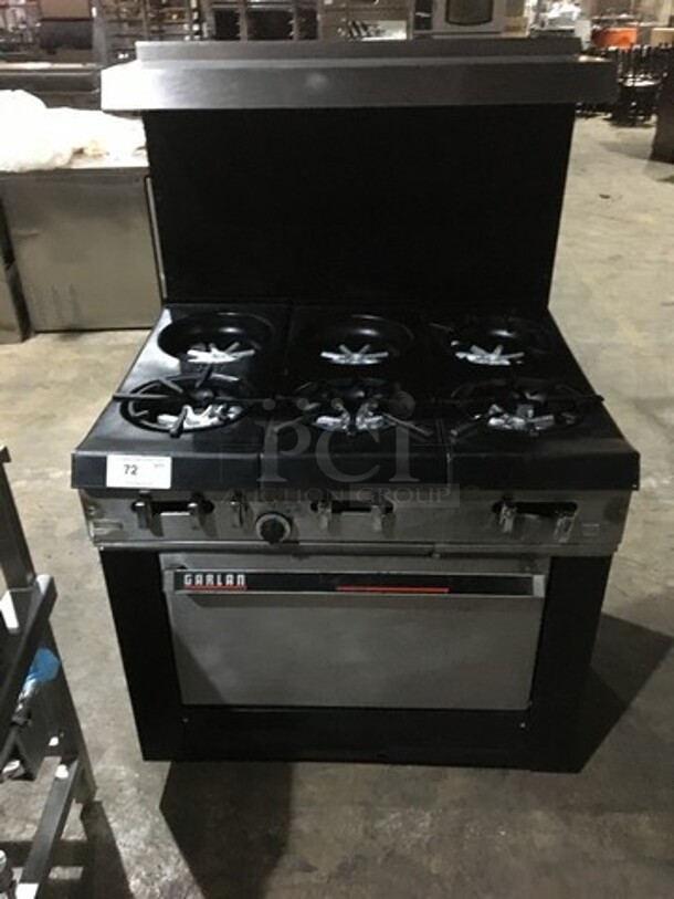 Garland Commercial Natural Gas Powered 6 Burner Stove! With Underneath Full Size Oven! With Overhead Salamander Shelf! On Legs! - Image 1 of 11