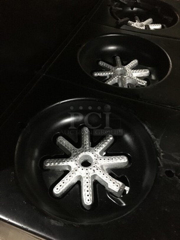 Garland Commercial Natural Gas Powered 6 Burner Stove! With Underneath Full Size Oven! With Overhead Salamander Shelf! On Legs! - Image 6 of 11