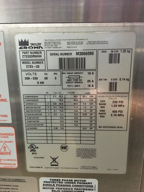 Sweet! LATE MODEL! 2013 Taylor 3 Handle Ice Cream Machine! Model C72333 Serial M3066080! 208/230V 3Phase! On Commercial Casters!  - Image 8 of 9