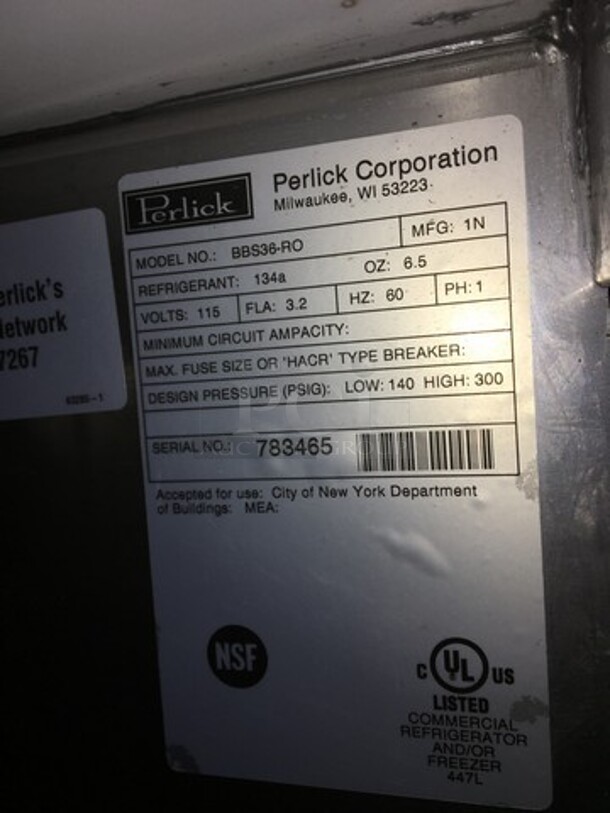 Perlick Commercial Single Door Bar Back Cooler! All Stainless Steel! Model BBS36RO Serial 783465! 115V 1Phase! On Legs! - Image 7 of 10