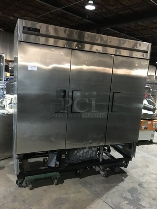 True Commercial 3 Door Reach In Freezer! With Poly Coated Racks! All Stainless Steel! Model T72F Serial 14148183! 115/208/230V 1Phase! On Casters!
