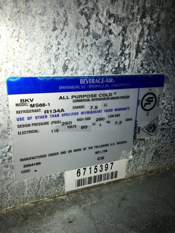 NICE! Beverage Air Commercial Refrigerated Work Top Station! With 2 Door Underneath Storage Space! With Cold Topping Rail! All Stainless Steel! Model MS681 Serial 6715397! 115V 1Phase! - Image 9 of 9