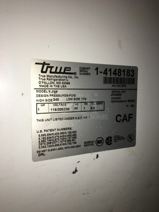 True Commercial 3 Door Reach In Freezer! With Poly Coated Racks! All Stainless Steel! Model T72F Serial 14148183! 115/208/230V 1Phase! On Casters!
 - Image 8 of 8