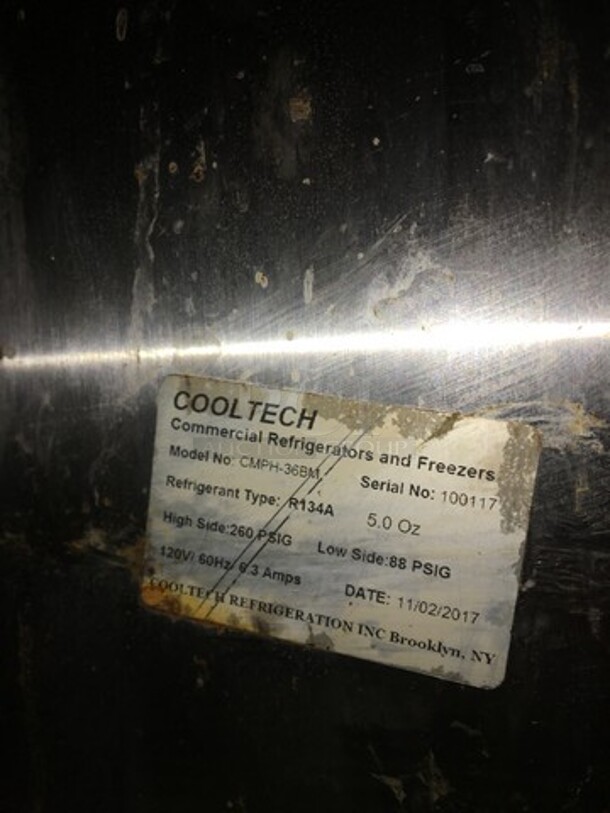 Cool Tech Commercial Refrigerated Sandwich Prep Table! With Enclosed Sneeze Guard! With 2 Door Underneath Storage Space Underneath! With Commercial Cutting Board! All Stainless Steel! Model CMPH36BM Serial 100117! 120V 1Phase! - Image 9 of 11