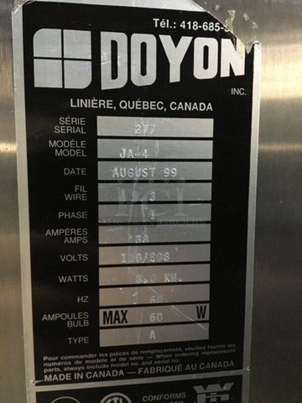 FANTASTIC! Doyon Jet Air Commercial Electric Powered Convection Oven! With 2 View Through Doors! On Pan Holding Rack! All Stainless Steel! Model JA4 Serial 277! 120/208V 3Phase! On Casters! - Image 9 of 10