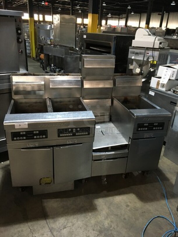 AMAZING! Frymaster Commercial Natural Gas Powered 3 Bay Deep Fat Fryer! With Fry Basket Hanging Station! With Backsplash! With Oil Filter System! All Stainless Steel! Model FMPH355CSC Serial 0803IJ0022! On Casters! Working When Removed!