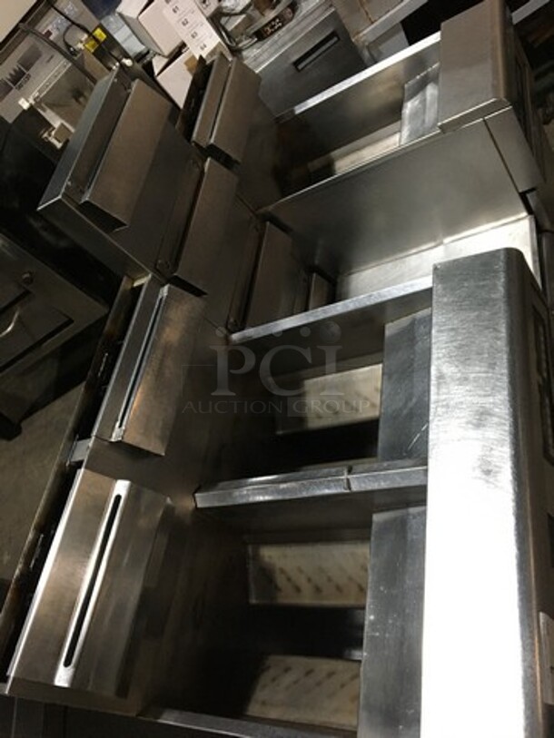 AMAZING! Frymaster Commercial Natural Gas Powered 3 Bay Deep Fat Fryer! With Fry Basket Hanging Station! With Backsplash! With Oil Filter System! All Stainless Steel! Model FMPH355CSC Serial 0803IJ0022! On Casters! Working When Removed! - Image 5 of 12