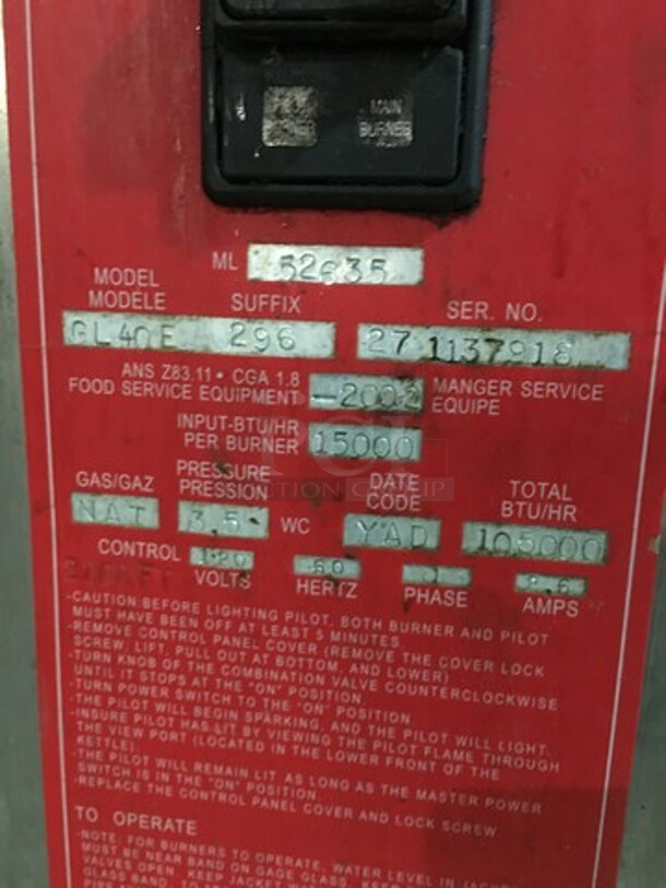 Vulcan Commercial Natural Gas Powered Jacketed Stationary Kettle! All Stainless Steel! Model GL40E Serial 271137918! On Legs!  - Image 8 of 12