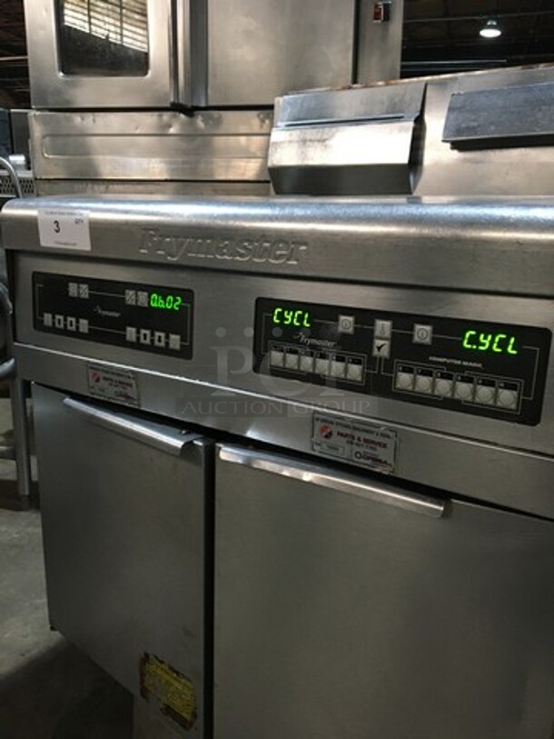 AMAZING! Frymaster Commercial Natural Gas Powered 3 Bay Deep Fat Fryer! With Fry Basket Hanging Station! With Backsplash! With Oil Filter System! All Stainless Steel! Model FMPH355CSC Serial 0803IJ0022! On Casters! Working When Removed! - Image 8 of 12