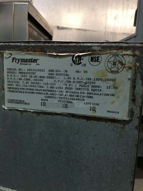 AMAZING! Frymaster Commercial Natural Gas Powered 3 Bay Deep Fat Fryer! With Fry Basket Hanging Station! With Backsplash! With Oil Filter System! All Stainless Steel! Model FMPH355CSC Serial 0803IJ0022! On Casters! Working When Removed! - Image 12 of 12