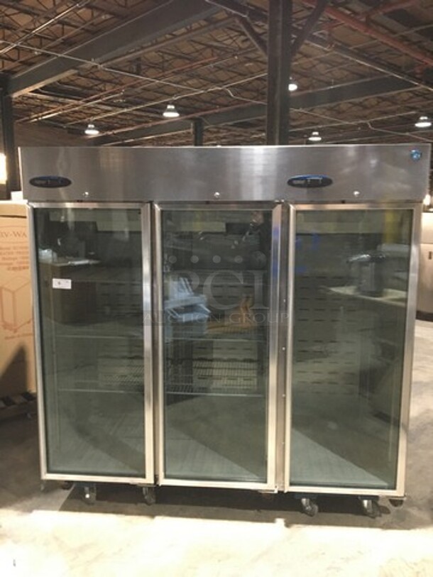 Hoshizaki Commercial 3 Door Reach In Cooler Merchandiser! With Poly Coated Racks! All Stainless Steel Body! Model CR3BFGYCR Serial E50024E! 115V 1Phase!