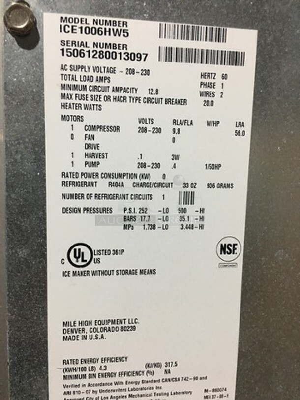 Ice-O-Matic Commercial Ice Making Machine! On Ice Bin! All Stainless Steel! Model ICE1006HW5 Serial 15061280013097! 208/230V! On Legs! 2 X Your Bid! Makes One Unit! - Image 7 of 9