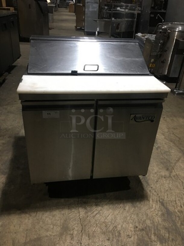 Avantco Commercial Refrigerated Sandwich Prep Table! With 2 Door Underneath Storage Space! With Commercial Cutting Board! All Stainless Steel! Model 178SCL236! 115V! On Casters!