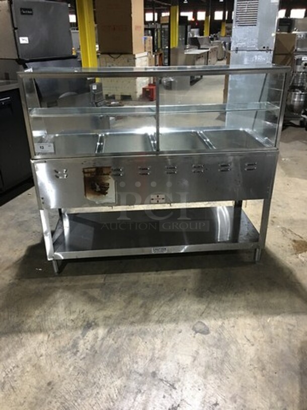 All Stainless Steel 4 Well Natural Gas Powered Commercial Steam Table! With Underneath Storage Space! With Overhead Serving Shelf! On Legs!