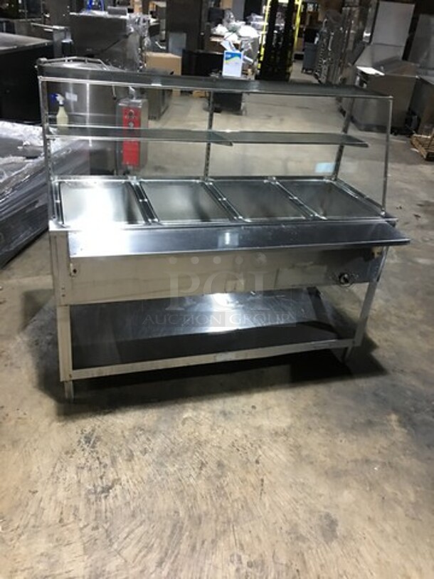 All Stainless Steel 4 Well Natural Gas Powered Commercial Steam Table! With Underneath Storage Space! With Overhead Serving Shelf! On Legs! - Image 4 of 11