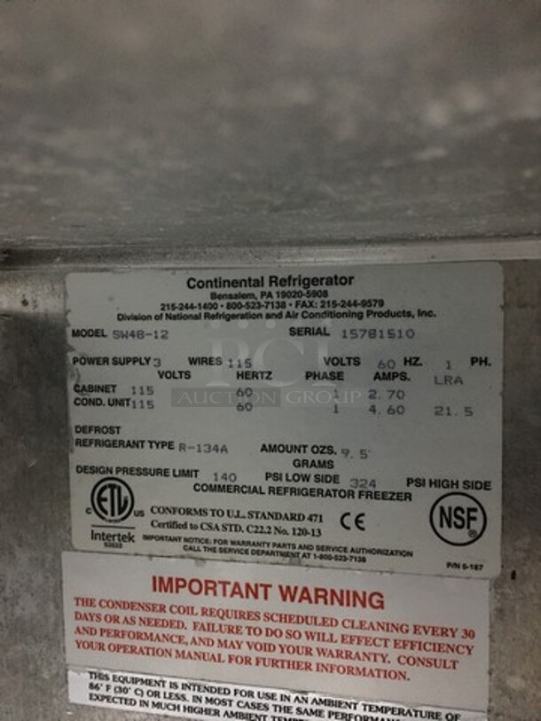 Continental Commercial Refrigerated Sandwich Prep Table! With 2 Door Underneath Storage Space! All Stainless Steel! Model SW4812 Serial 15781510! 115V 1Phase! On Commercial Casters! - Image 7 of 9